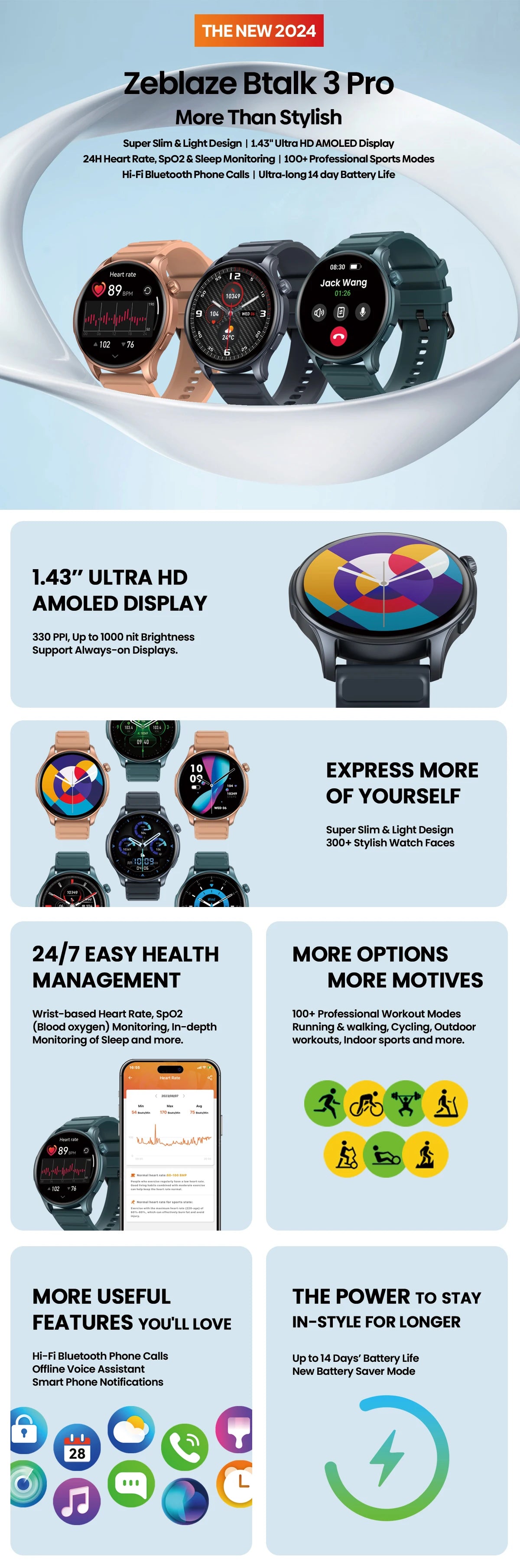 New Zeblaze Btalk 3 PRO Smart Watch 1.43" AMOLED Display Bluetooth Phone Calls Smartwatch Health and Fitness Tracking