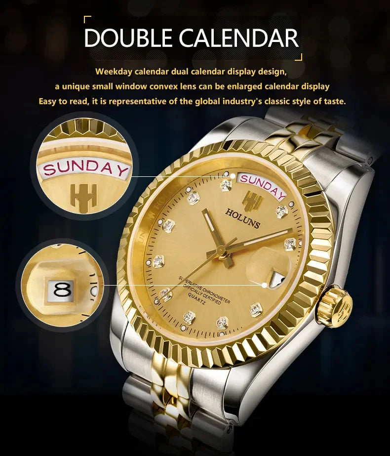 Holuns Luxury Classic 36/41 mm-es arany férfi karóra, japán MIYOTA kvarc szerkezet, rozsdamentes acél, klasszikus üzleti karóra, vízálló