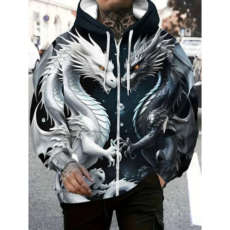 Herren-Hoodie mit Drachenprint und Reißverschluss, Kordelzug, langen Ärmeln, Oversize-Passform, für Outdoor-Aktivitäten und Reisen, Herbst/Winter