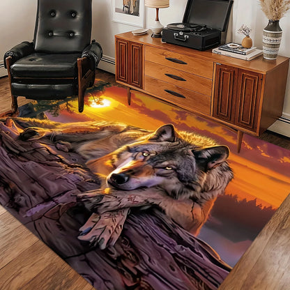 Sunset Wolf Design Rectangular Area Rug, Soft Non Slip Floor Mat for Living Room Bedroom and Office, Washable Home Decor