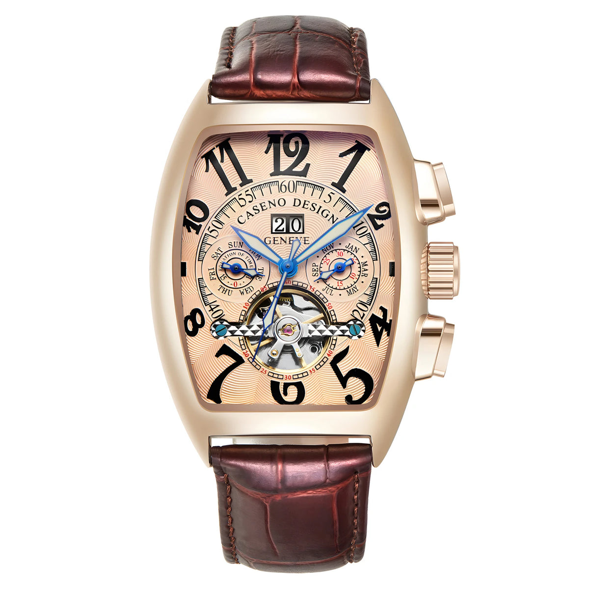 CASENO csúcsminőségű luxusmárka férfi teljesen automatikus mechanikus tourbillon karóra naptárral, éjszakai világítással, tonneau alakú, áttört karóra -577G