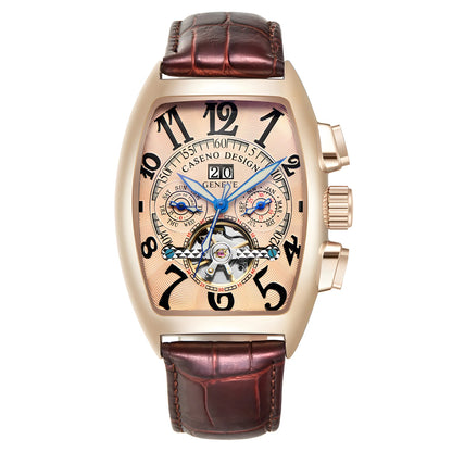 CASENO csúcsminőségű luxusmárka férfi teljesen automatikus mechanikus tourbillon karóra naptárral, éjszakai világítással, tonneau alakú, áttört karóra -577G