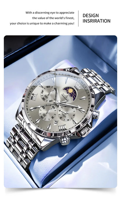 OLEVS 3653 Men’s Quartz Chronograph Watch  Moon Phase, Luminous, Date Display, Stainless Steel & 30M Waterproof