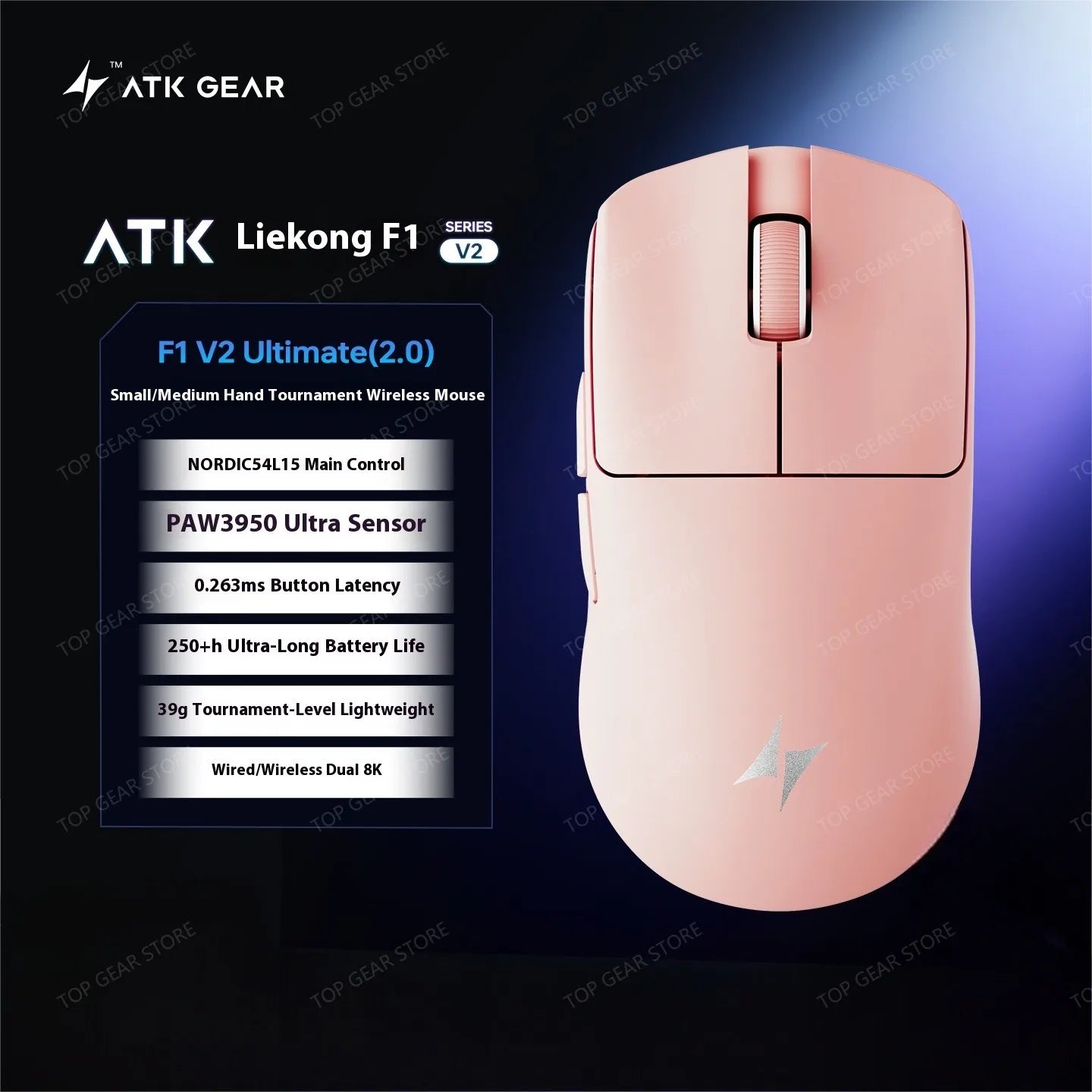 ATK F1 V2 Ultra MAX žaidimų pelė, belaidė, trijų režimų, PAW3950, dviguba 8k, lengva, ergonomiška e. sporto pelė, individualizuojamas PC priedas