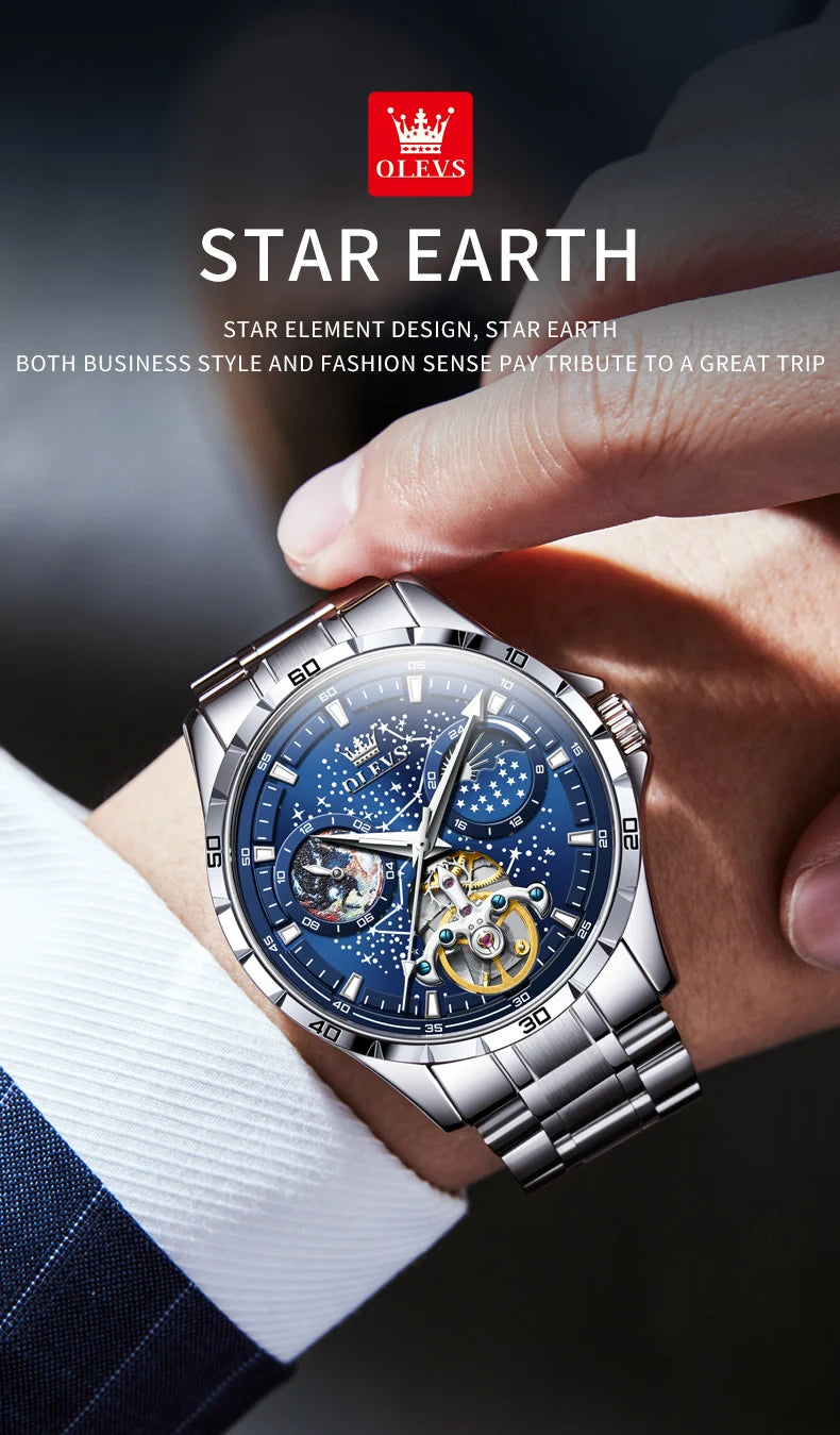 OLEVS Men’s Flywheel Skeleton Automatic Watch Starry Sky Dial, Luminous Mechanical Movement & Waterproof Business Wristwatch