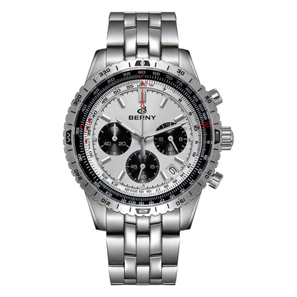 Montre chronographe pour homme BERNY – Montre à quartz multifonction de style aviation, dotée d'un affichage de la date, d'un verre saphir et d'une excellente luminescence – Montre-bracelet de luxe pour homme