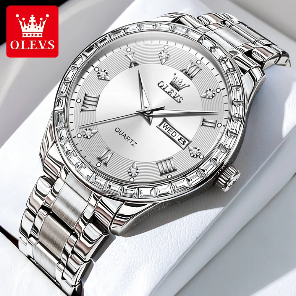 Montre à quartz pour homme OLEVS 9906, modèle carré orné de diamants, bracelet en acier inoxydable, étanche, avec double calendrier; une montre-bracelet de luxe, originale, idéale pour le milieu professionnel.