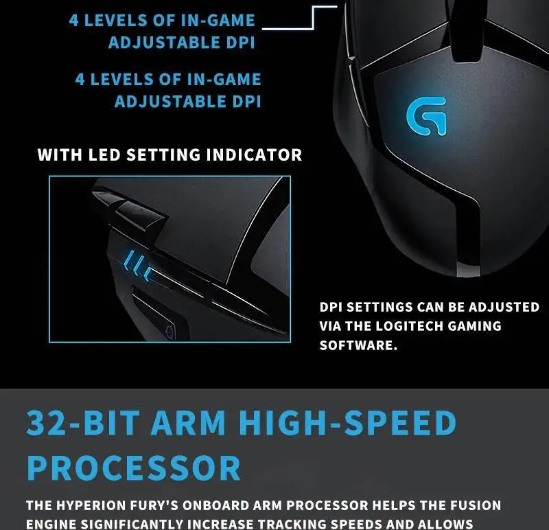 Ratón gaming con cable Logitech G402, procesador ARM de 32 bits, 8 botones, 500 IPS, antideslizante, para sesiones de juego y trabajo durante todo el día
