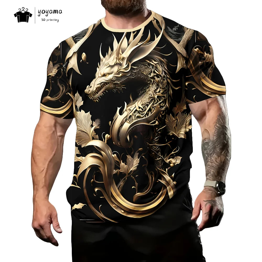 Herren-T-Shirt mit Drachenmuster, kurzärmeliges Fashion-Streetwear-Shirt, Rundhals-Top mit trendigem 3D-Tierprint, locker und vielseitig, Herrenbekleidung