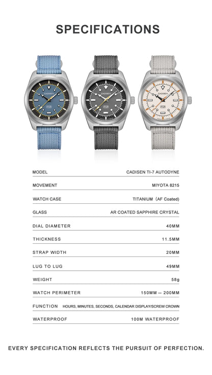 CADISEN TI-7 Autodyne Men’s Automatic Watch  Titanium Case, Miyota 8215, Sapphire Crystal & 100M Waterproof