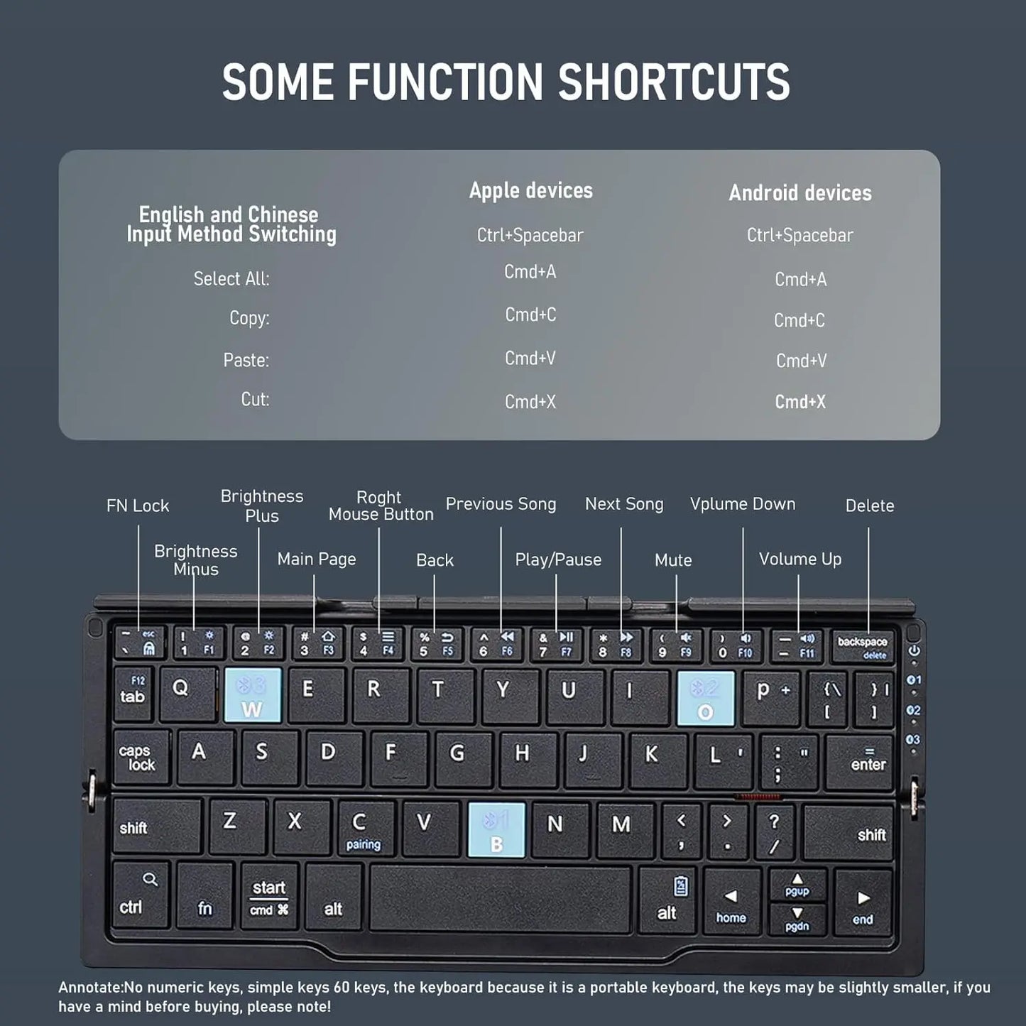 Jomaa Folding Keyboard Bluetooth Rechargeable Bluetooth Keyboard for Laptop iPad Phone Mini Portable Folding Keyboard