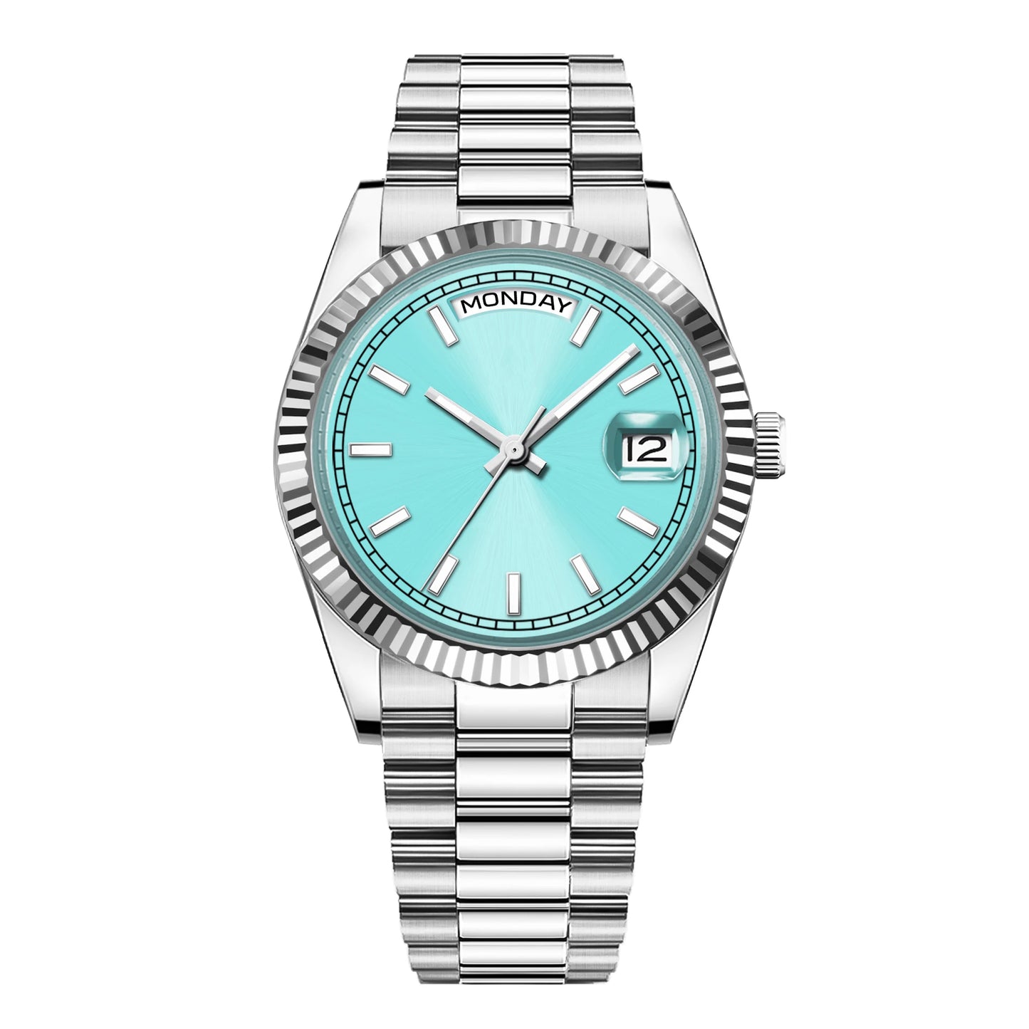 Reloj mecánico CORGEUT NH36 para hombre con indicador de día y fecha, brazalete President, caja de acero, bisel arqueado roscado, waterp