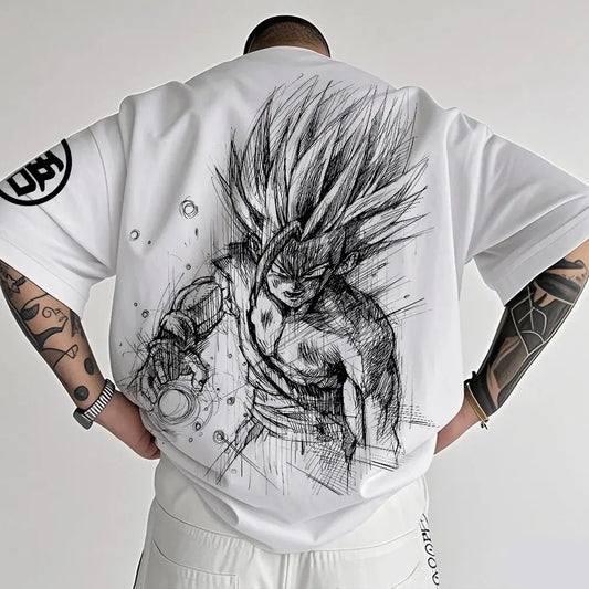 T-shirt da uomo Dragon Ball Animation estiva, nuova stampa fronte-retro, vestibilità ampia casual Harajuku, maniche corte trendy, top coordinato genitore-figlio
