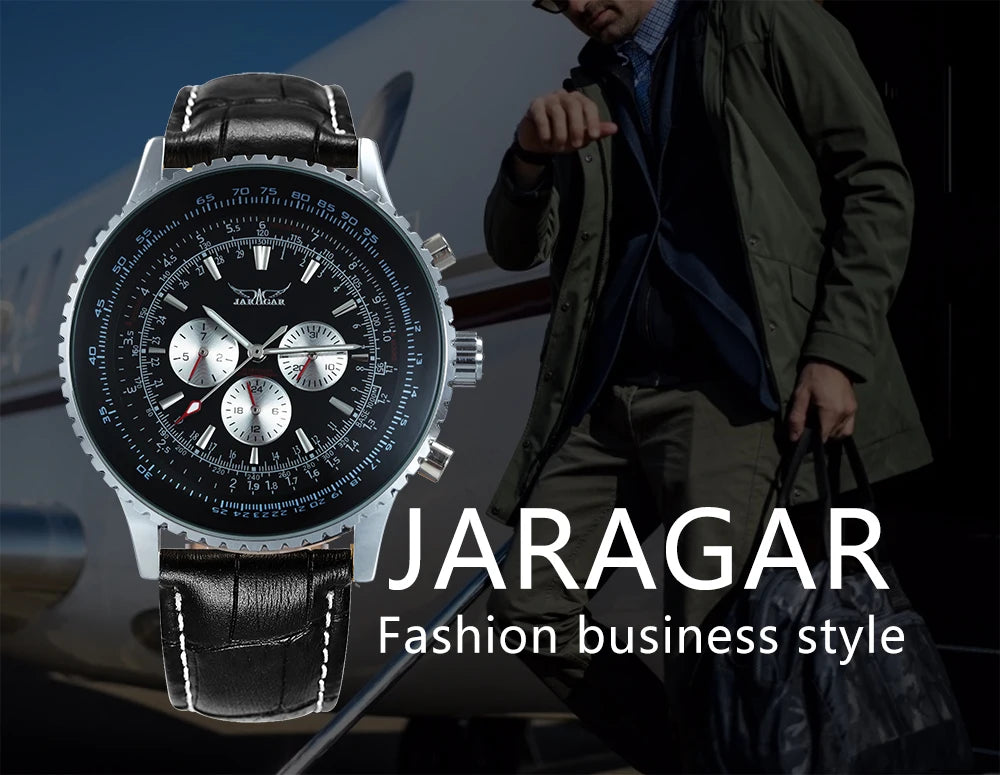 JARAGAR Pilot Automatic Watch for Men Military Multifunction Sub-Dials Mechanical Watches Top Brand Luxury Leather Strap Clock