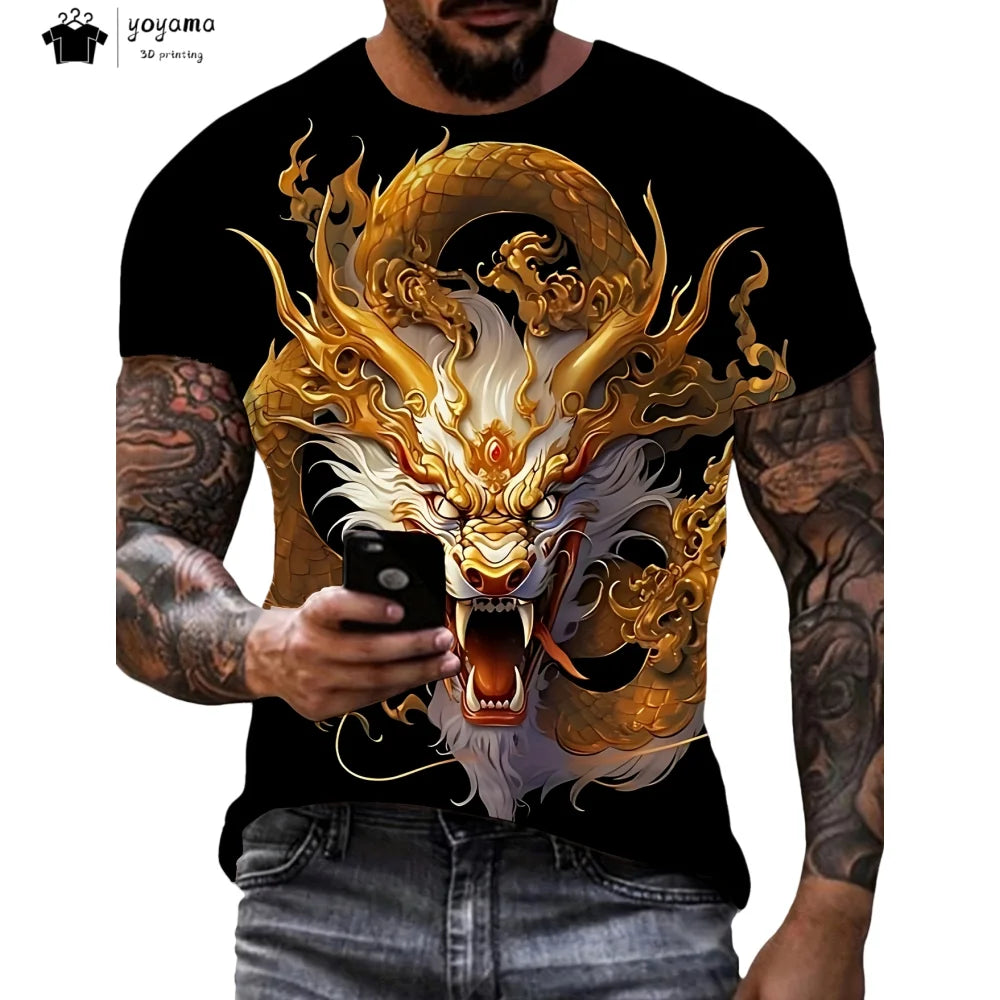 Herren-T-Shirt mit Drachenmuster, kurzärmeliges Fashion-Streetwear-Shirt, Rundhals-Top mit trendigem 3D-Tierprint, locker und vielseitig, Herrenbekleidung