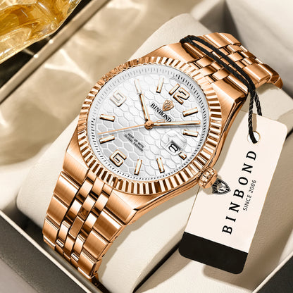 Reloj de pulsera de cuarzo de lujo BINBOND, luminiscente, resistente al agua, con fecha automática, para hombre, de acero, estilo ejecutivo, deportivo, moderno y desenfadado.