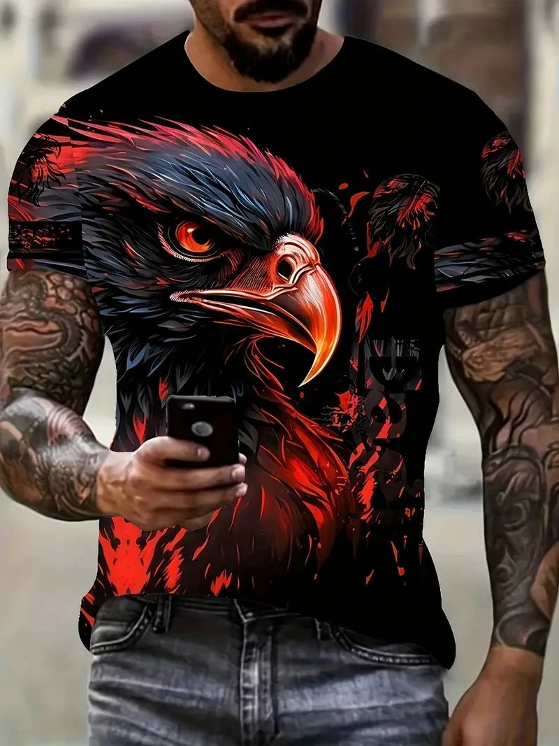 Neues cooles T-Shirt für Herren mit Adler-Motiv, 3D-Print, Flammenadler, sommerliche Streetwear, trendiges Kurzarmshirt, Herren-Tops