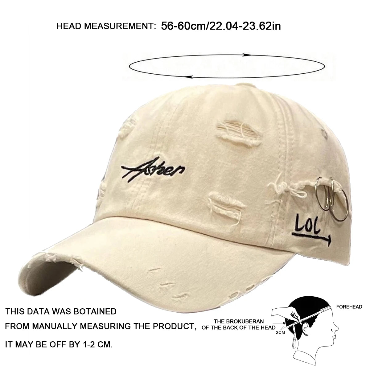 Șepci de baseball unisex Asher cu broderie, cu găuri și inel metalic, reglabile, pentru activități în aer liber, de primăvară și toamnă, casual, cu protecție solară