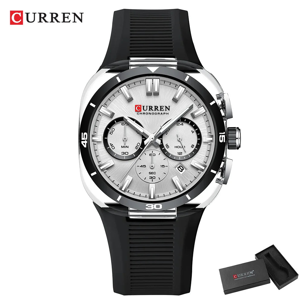 Reloj para hombre CURREN: nuevo modelo de lujo con mecanismo de cuarzo, correa de silicona, estilo deportivo, multifunción, resistente al agua, luminiscente, con indicador de fecha y cronómetro.