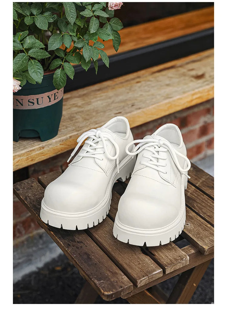 Thick Sole Casual Genuine Leather Dress Shoes Men Platform Height Increase Japan Harajuku Korean Streetwear Fashion Shoes White