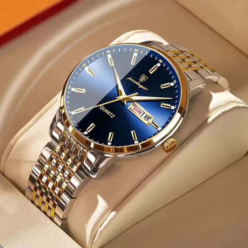 Relógio de pulso masculino POEDAGAR Business Quartz, aço inoxidável, resistente à água, data iluminada, relógio de pulso de luxo casual para homem