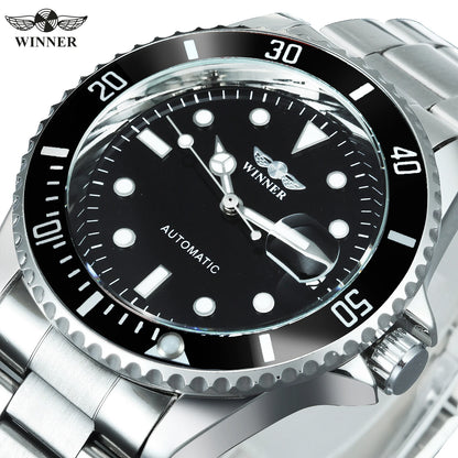 Classic mechanical watch for men – Luxury brand, business style, automatic movement, rotating bezel, luminescent dial, steel bracelet