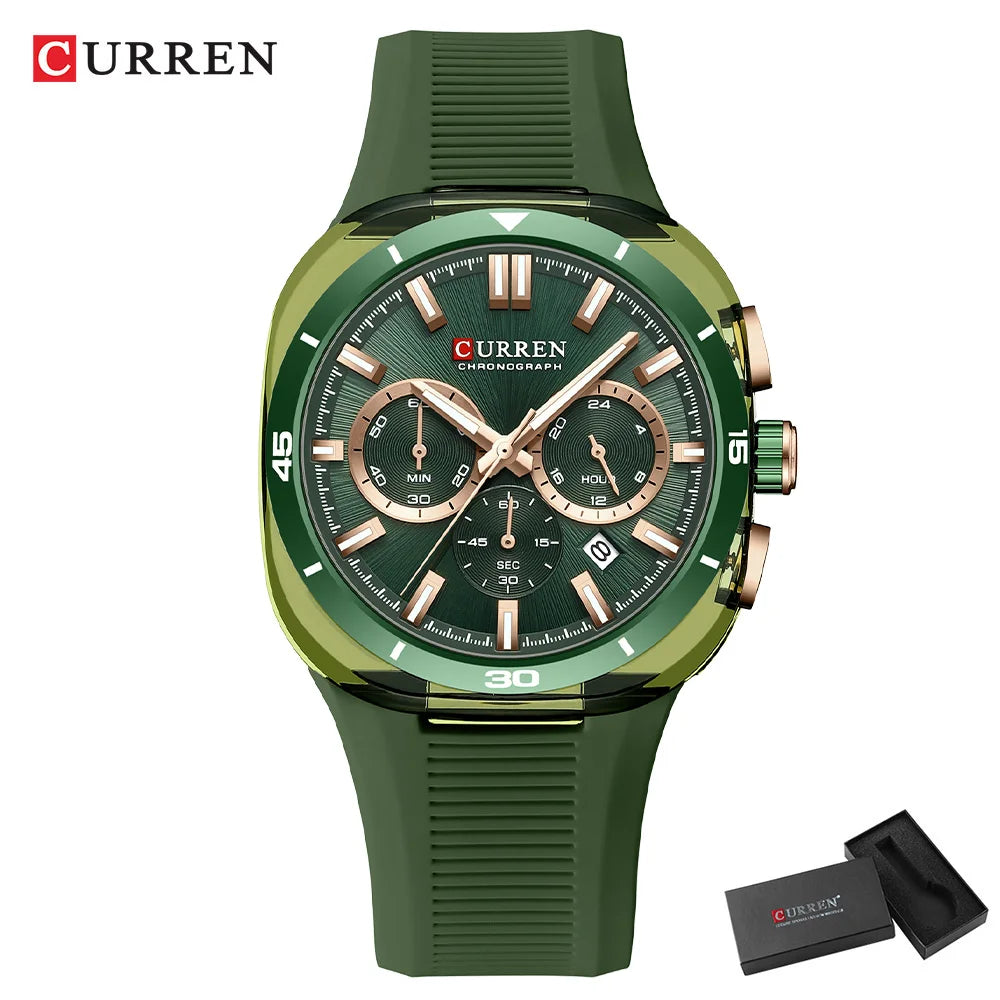 Reloj para hombre CURREN: nuevo modelo de lujo con mecanismo de cuarzo, correa de silicona, estilo deportivo, multifunción, resistente al agua, luminiscente, con indicador de fecha y cronómetro.