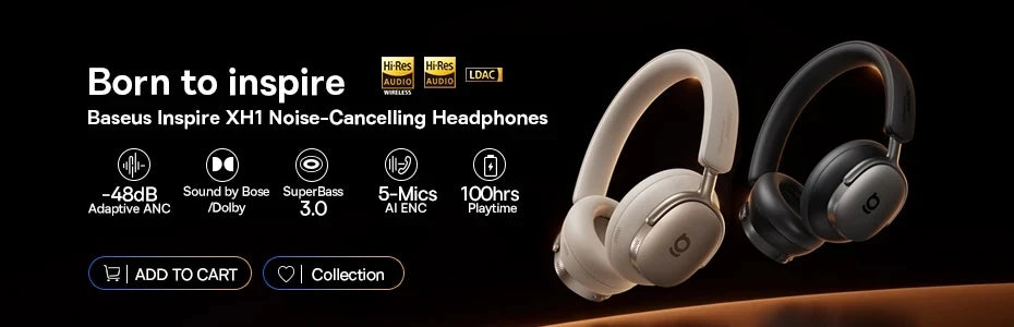 Baseus Bass EH10 NC Wireless Headphones Bluetooth 6.0 Noise Canceling 45dB Over Ear Headset Spatial Audio Earphone 80H Time