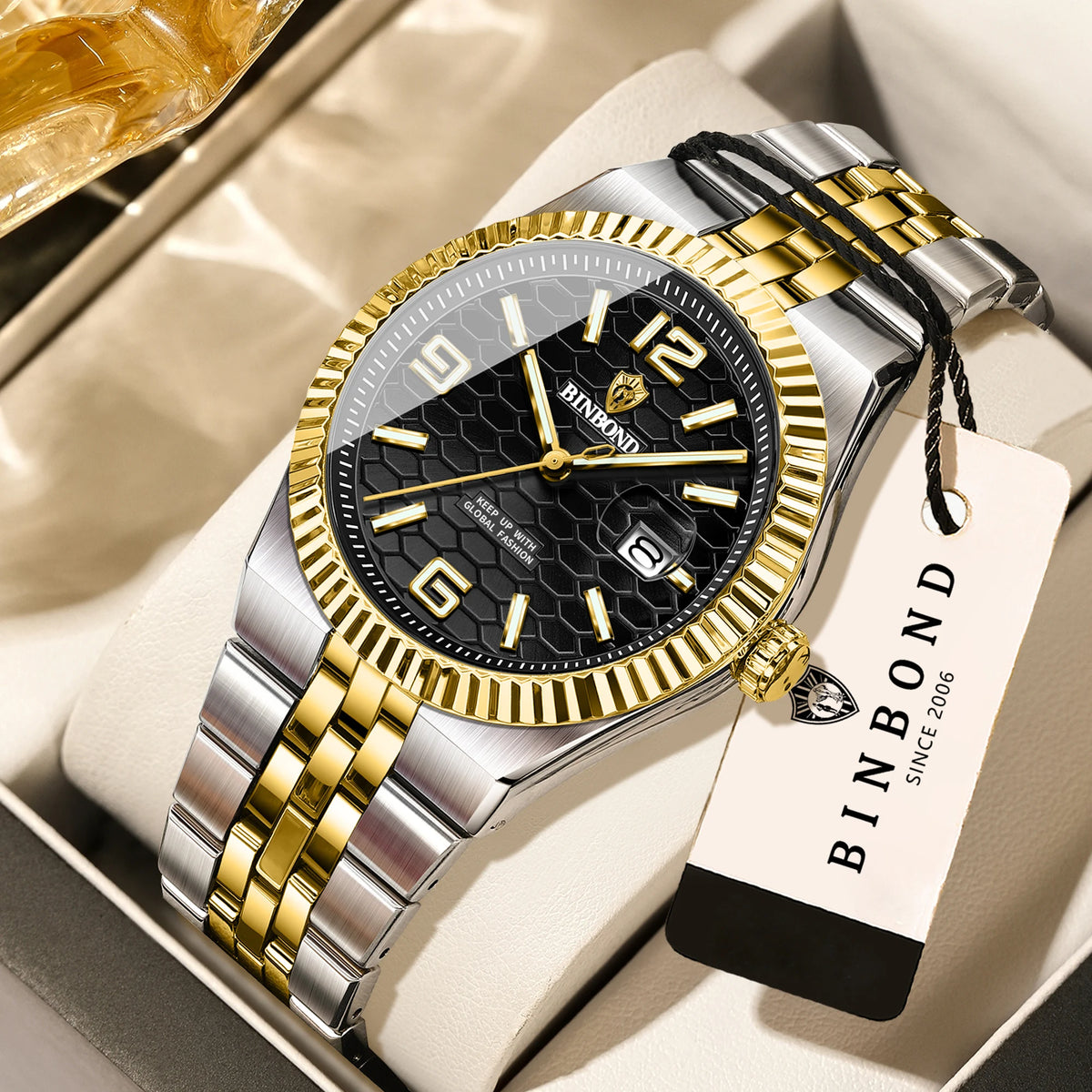 Reloj de pulsera de cuarzo de lujo BINBOND, luminiscente, resistente al agua, con fecha automática, para hombre, de acero, estilo ejecutivo, deportivo, moderno y desenfadado.