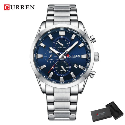 CURREN Quartz Chrono Sport Watch Brands for Men - Stainless Steel Bracelet and Multifunctional Dial