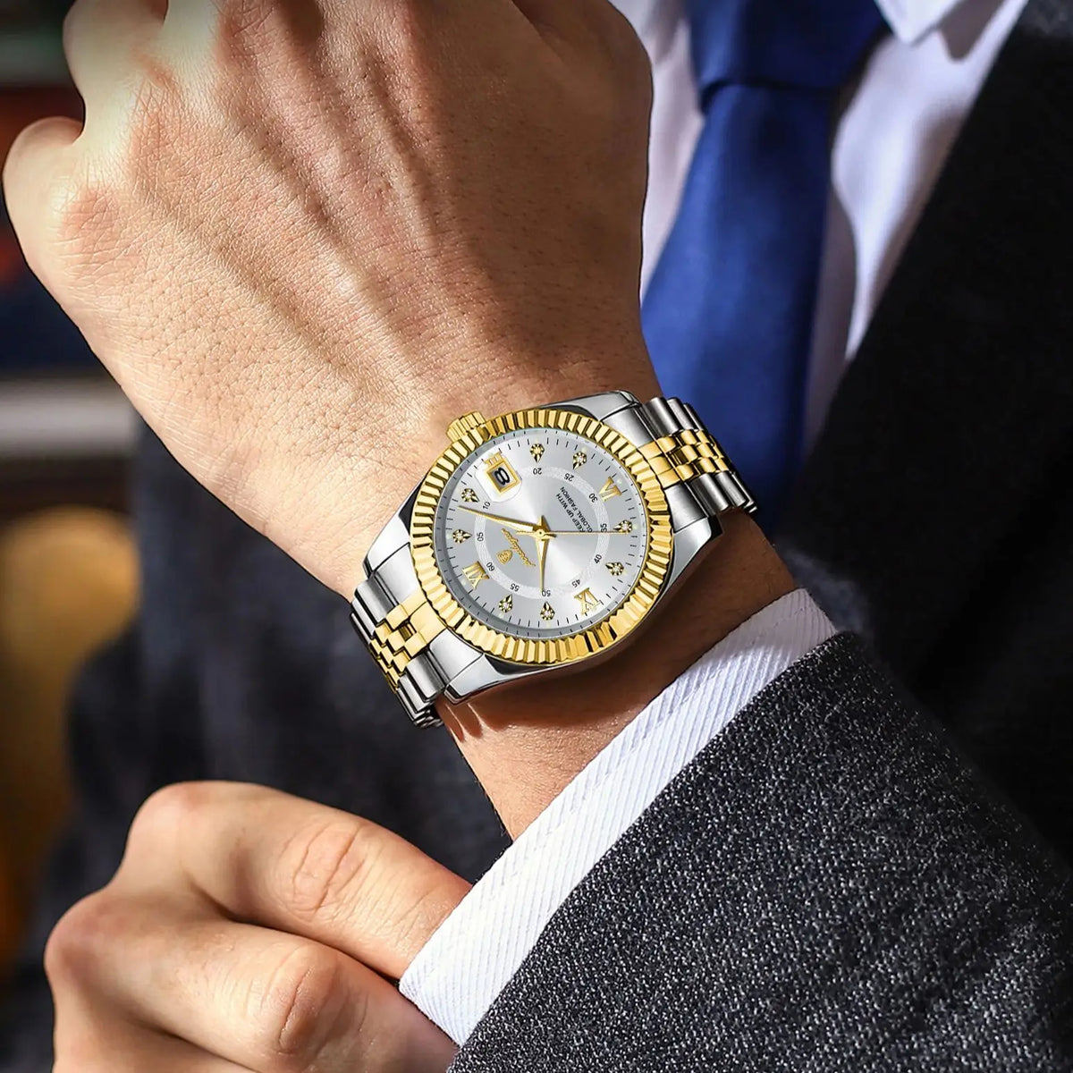 POEDAGAR Classic and Luxurious Men’s Quartz Watch – Stainless steel case, date display, water-resistant, luminescent hands – An elegant wristwatch for work or formal occasions