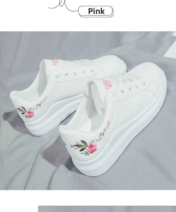 Schuhe 2025 Damen Laufschuhe Frühling Herbst, modisch, weiß, atmungsaktiv, mit bestickten Blumen, Schnürung, lässige Sneaker, Zapatos De Mujer