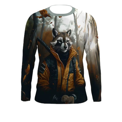 Wolf Moon Raccoon Pattern T-Shirt For Men Cool Animals 3D Printed T Shirts Autumn Casual Loose O-Neck Tops Tees Long Sleeves