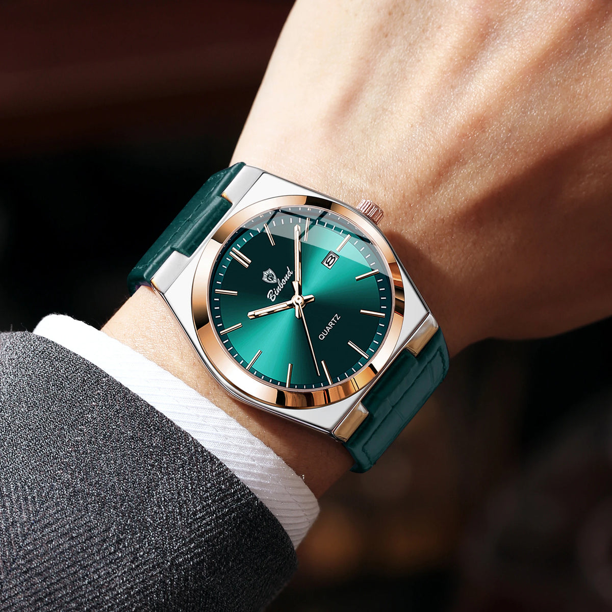 Orologio da polso al quarzo di lusso BINBOND da uomo – Impermeabile, luminescente, con data automatica – Stile professionale, sportivo, alla moda e casual – Cinturino in pelle
