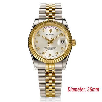 Holuns Luxury Classic 36/41 mm-es arany férfi karóra, japán MIYOTA kvarc szerkezet, rozsdamentes acél, klasszikus üzleti karóra, vízálló
