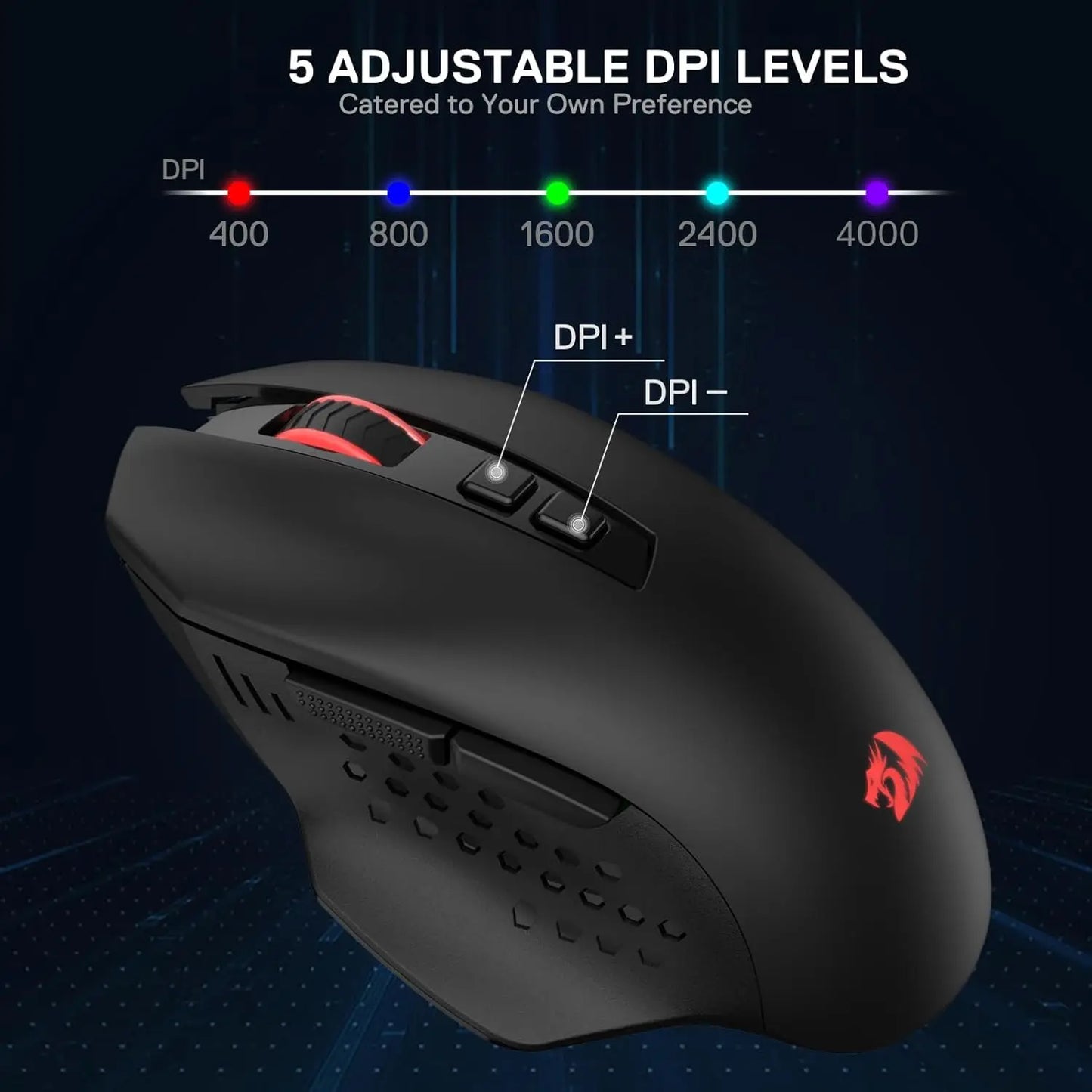 Redragon M656 MAX 3-Mode Wireless Gaming Mouse 10000 DPI Rechargeable Gaming Mice   5 DPI Levels, 7 Macro Buttons, RGB Backlight
