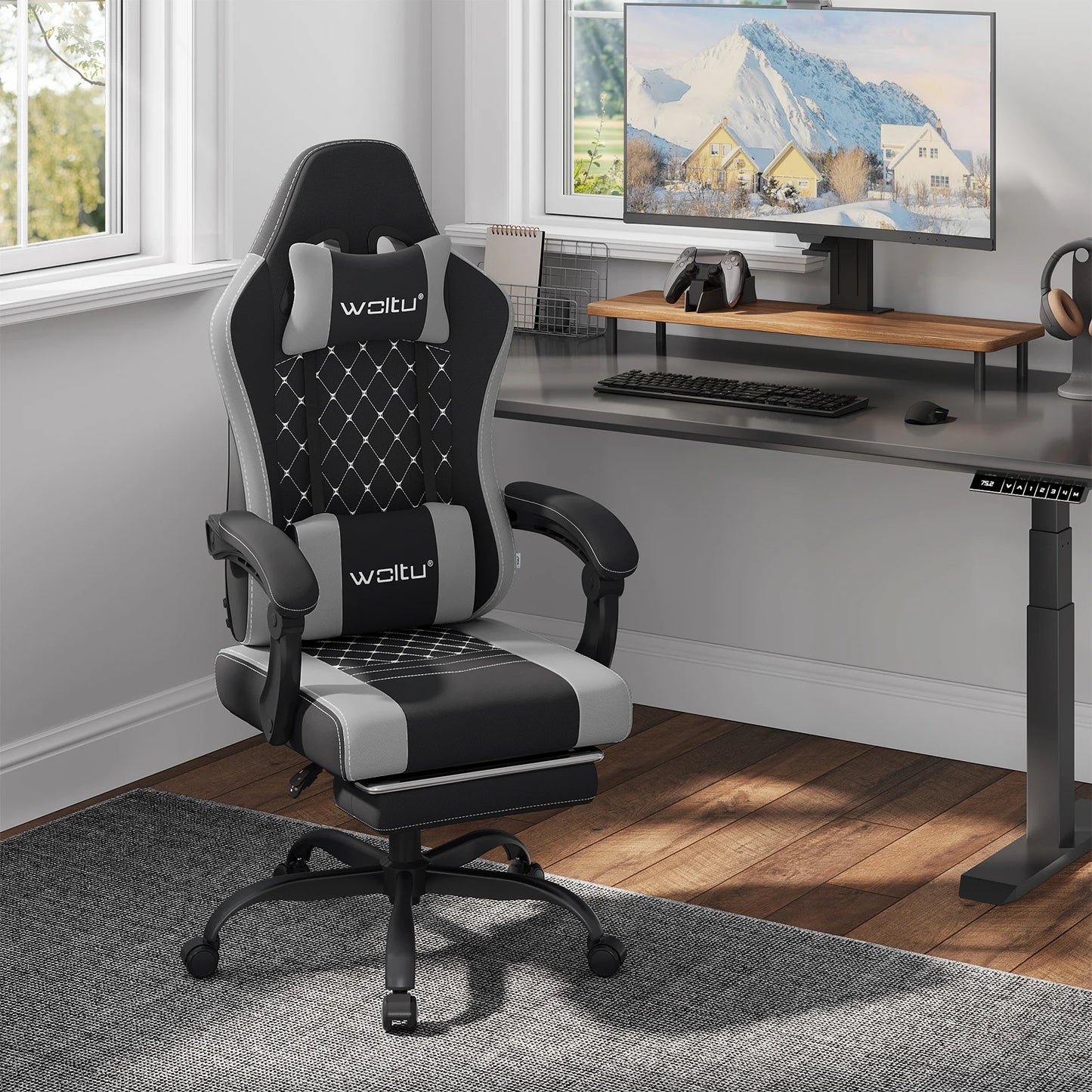WOLTU sukamoji kompiuterio kėdė su masažo funkcija, ergonominė biuro kėdė su pagalvėle ir pakoju, reguliuojamo aukščio gaming kėdė