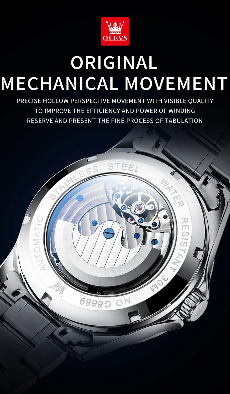 OLEVS Men’s Flywheel Skeleton Automatic Watch Starry Sky Dial, Luminous Mechanical Movement & Waterproof Business Wristwatch