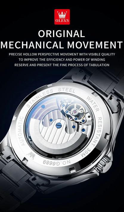 OLEVS Men’s Flywheel Skeleton Automatic Watch Starry Sky Dial, Luminous Mechanical Movement & Waterproof Business Wristwatch