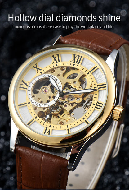 LONGLUX automatic watch rome wholesale mechanical wristwatches waterproof hollow leather mens watch men gift