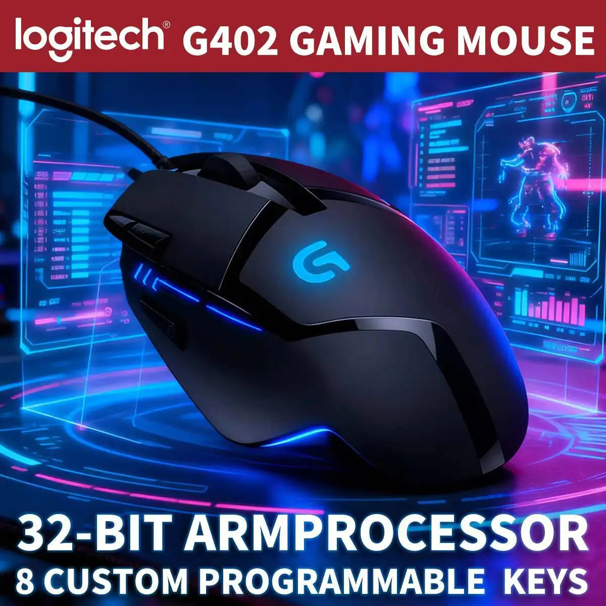 Ratón gaming con cable Logitech G402, procesador ARM de 32 bits, 8 botones, 500 IPS, antideslizante, para sesiones de juego y trabajo durante todo el día
