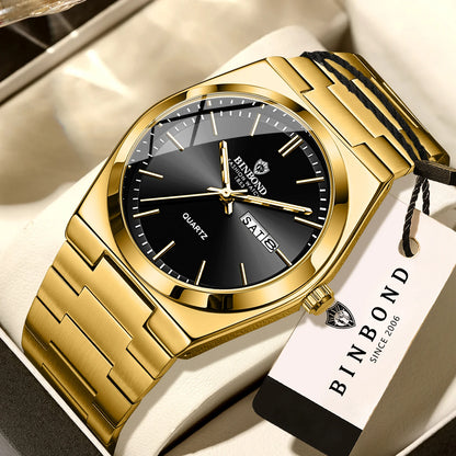 BINBOND luxury quartz wristwatch, luminous, water-resistant, day of the week, automatic date, steel bracelet, business, sport, fashion and casual styles.
