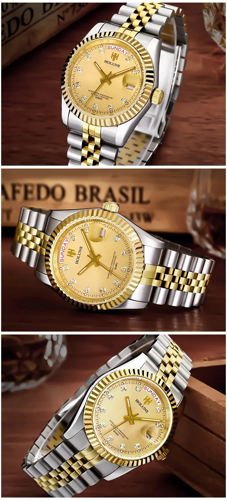 Holuns Luxury Classic 36/41 mm-es arany férfi karóra, japán MIYOTA kvarc szerkezet, rozsdamentes acél, klasszikus üzleti karóra, vízálló