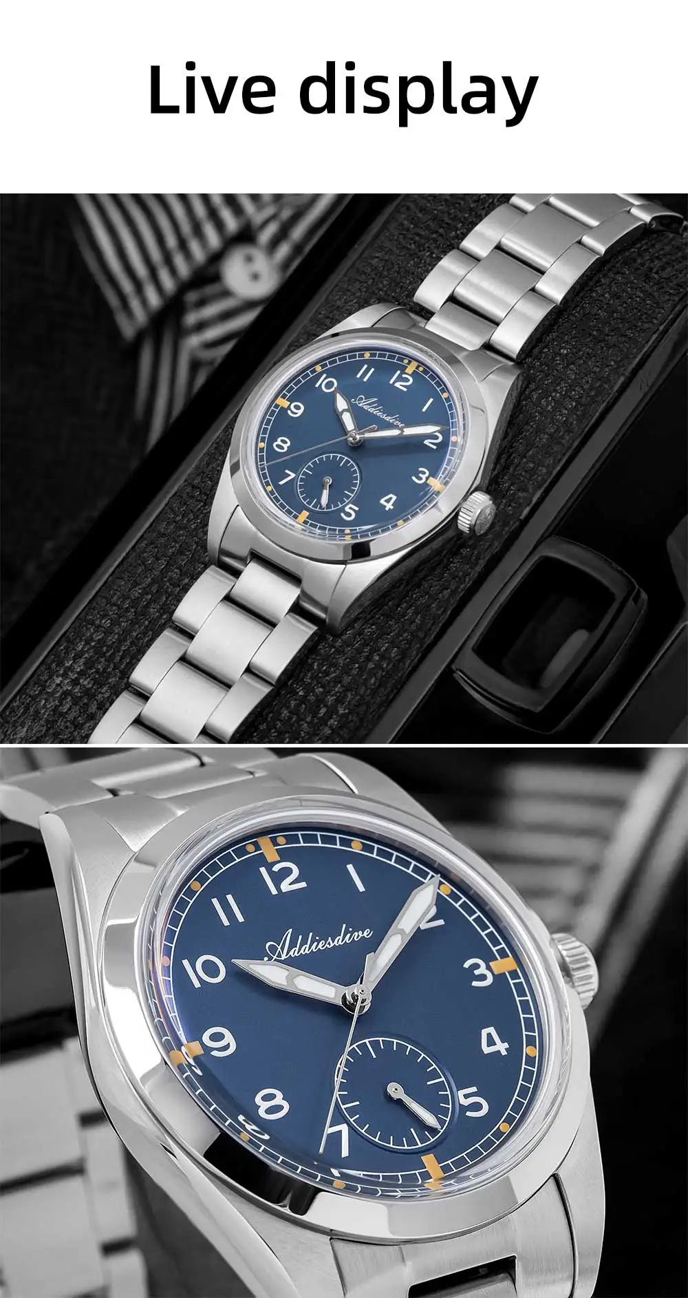 Reloj de cuarzo ADDIESDIVE de 36mm para hombre VH60, luminoso BGW9, cristal abombado tipo burbuja, cubierta de vidrio, resistente al agua 10Bar, acero inoxidable