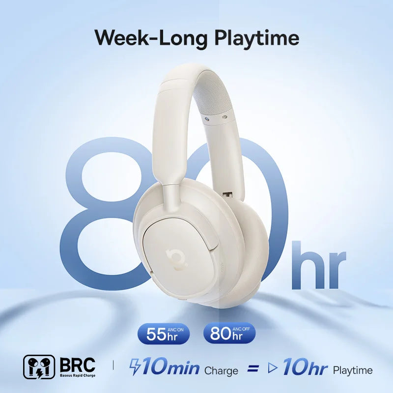 Baseus Bass EH10 NC Wireless Headphones Bluetooth 6.0 Noise Canceling 45dB Over Ear Headset Spatial Audio Earphone 80H Time