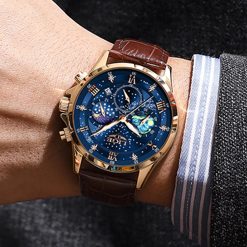 Montre pour homme LIGE – Montre à quartz de luxe, style décontracté, bracelet en cuir, idéale pour le travail ou le sport, étanche, avec date et chronographe.