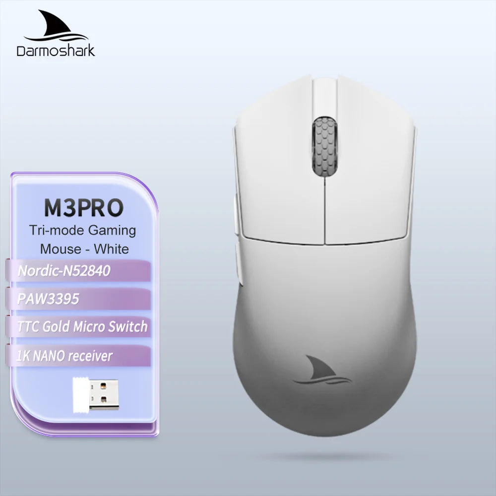 Геймърска мишка Darmoshark M3Pro 2.4G BT безжична Tri-Mode, сензор PAW3395, N52840, 26000DPI, за голяма ръка, макро драйвер, мишка за игри