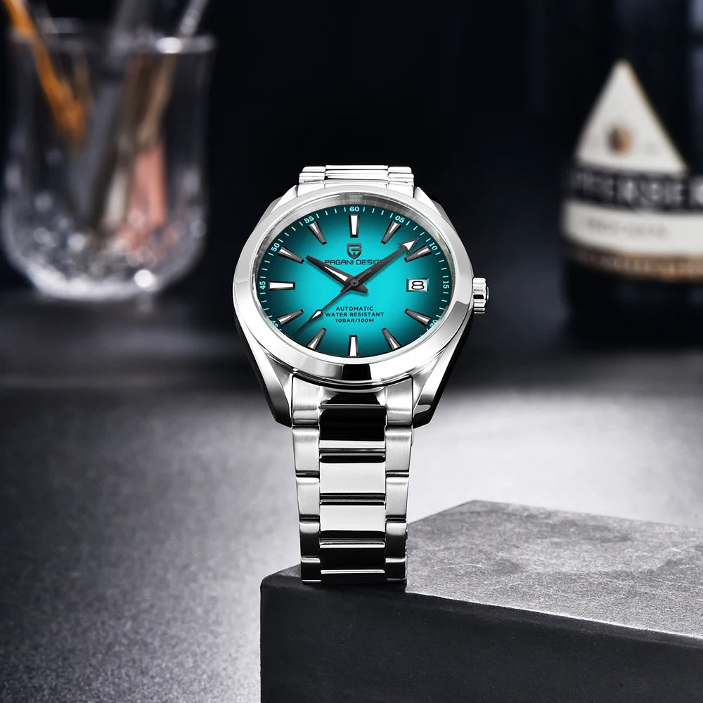 Luxe herenhorloge van PAGANI DESIGN – Mechanisch automatisch model (kaliber 8215), van roestvrij staal, waterdicht, met datumweergave en lichtgevende wijzers