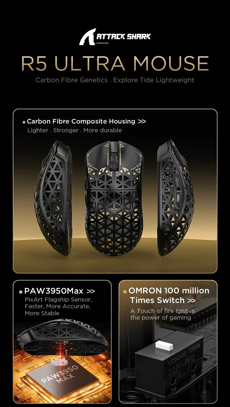 ATTACK SHARK R5 Tri-mode Ultra Wireless Gaming Mouse Carbon Fiber 8K ,PAW3950MAX ,8000Hz Wireless Polling Rate, DPI up to 42000