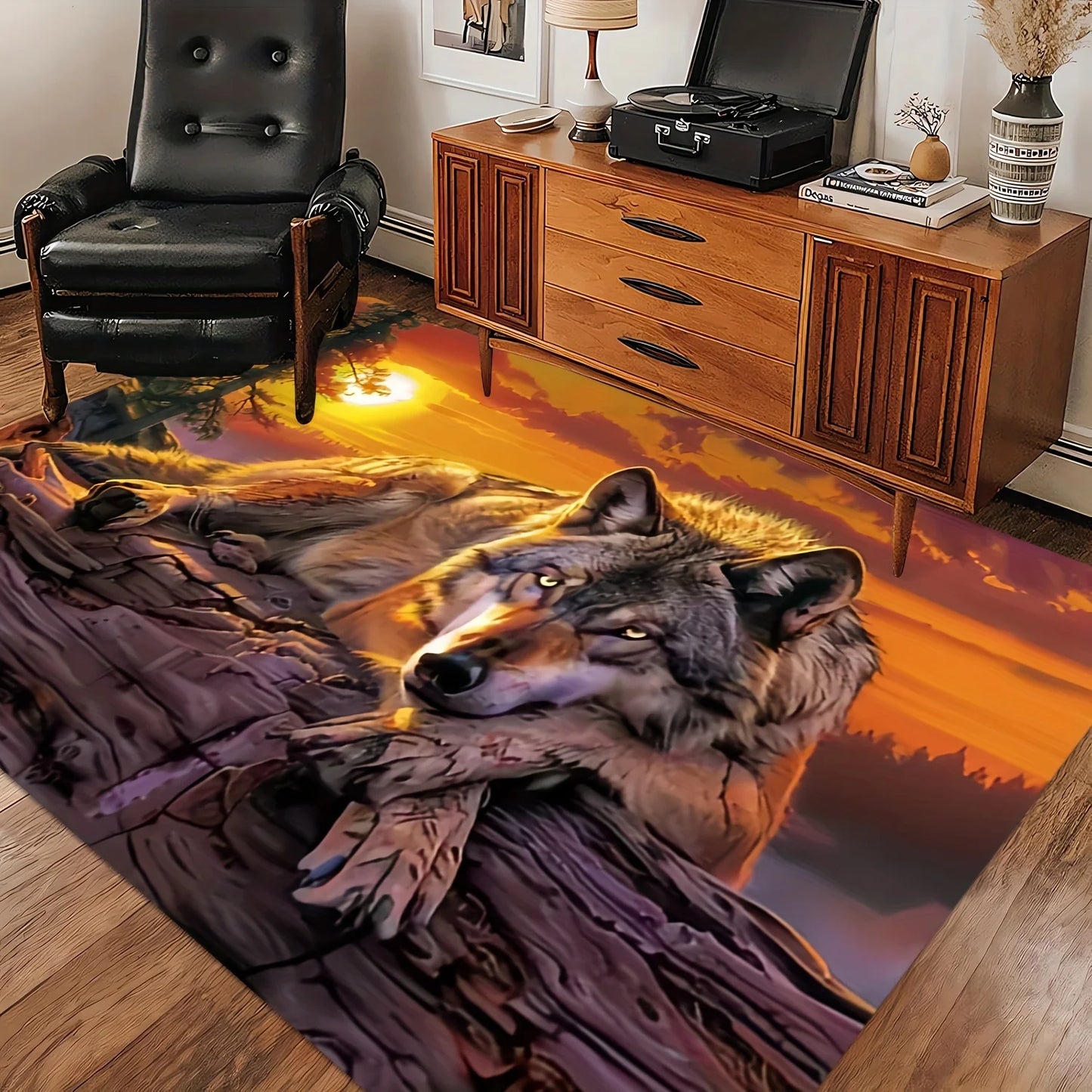 Sunset Wolf Design Rectangular Area Rug, Soft Non Slip Floor Mat for Living Room Bedroom and Office, Washable Home Decor